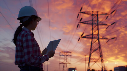 Aufkleber - Woman engineer power engineer in helmet checks power line using computer tablet online Electrician in outdoors Electric lines of high voltage at sunset Distribution and supply of elect : Generative AI