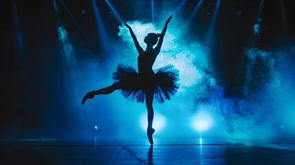 Ballerina in black tutu dress dancing on stage with magic blue light and smoke Silhouette of young attractive dancer in ballet shoes pointe performing in dark Copy space : Generative AI