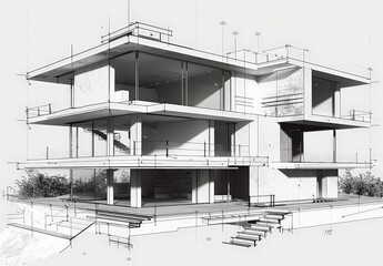 Aufkleber - Wireframe rendering of a contemporary house with technical details
