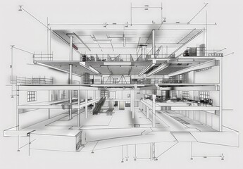 Aufkleber - Wireframe rendering of a contemporary house with technical details