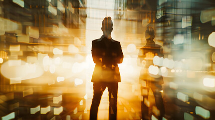 Aufkleber - Silhouette of confident businessman standing with crossed arms in abstract city with double exposure of his blurry business team Concept of leadership Toned image : Generative AI