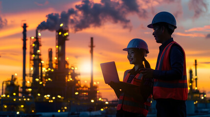 Aufkleber - Half body silhouette of male and female engineers smiling and holding laptop stand near the industrial plant The twilight sky resembles a sunset glowing with golden light wearing a hel : Generative AI