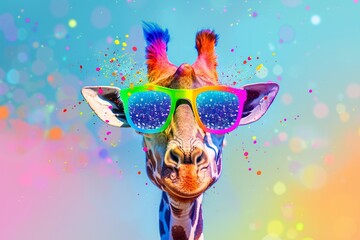 Vibrant Giraffe in Sunglasses and Rainbow Confetti