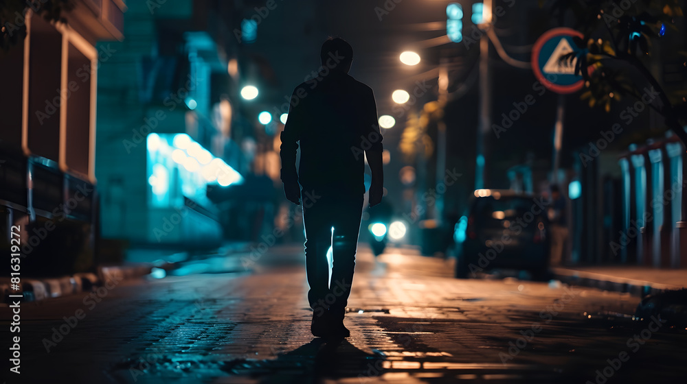 dark silhouette of slim man walking on the street at night being alone ...