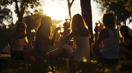 Silhouettes of women in the park in evening sunlight The lights of a sun The company of female friends enjoys a summer picnic and raise glasses with wine : Generative AI