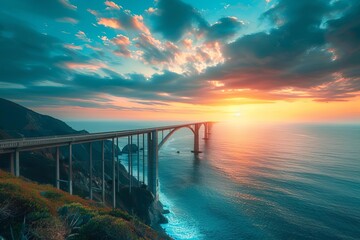 Wall Mural - majestic bridge stretching over vast ocean at breathtaking sunset travel landscape