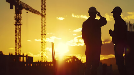 Aufkleber - Silhouette of Engineer and worker checking project at building site background construction site at sunset in evening time : Generative AI