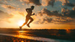 © Generative AI - Silhouette of young man running sprinting on road Fit runner fitness runner during outdoor workout with sunset background : Generative AI