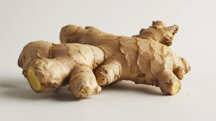 Wall Mural - Close up image of a ginger against a white backdrop representing medical herb theme