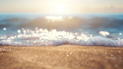 Wall Mural - Close up shot of foaming sea wave with beautiful blurred sunny beach background