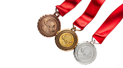 Wall Mural - real Gold, silver and bronze medals hanging on red ribbons isolated on white background.
real Gold, silver and bronze medals hanging on red ribbons isolated on white background.
