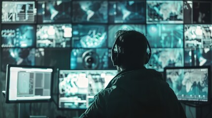 man in a dark room wearing a headset is sitting in front of a wall of monitors.