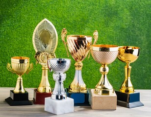 set of various corporate award trophies on a table