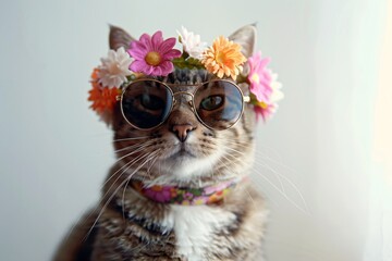 Fashionable Cat with Sunglasses and Flower Crown