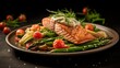 Grilled salmon with asparagus and cherry tomatoes on wooden board