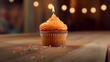 Birthday cupcake with burning candle on bokeh lights background