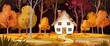 Beautiful cute house in the autumn forest. art painting style illustration with grunge brush stroke texture. Generative AI