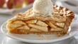 Golden-brown apple pie slice with a scoop of vanilla ice cream on a white background