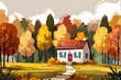 Beautiful cute house in the autumn forest. art painting style illustration with grunge brush stroke texture. Generative AI