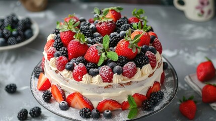 Wall Mural - Forest Berry Cake with Strawberry and Mascarpone Cream