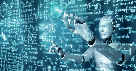 MLP 3d illustration AI hominoid robot touch screen of mathematics formula and science equation by using artificial intelligence thinking and machine learning process for the 4th industrial revolution