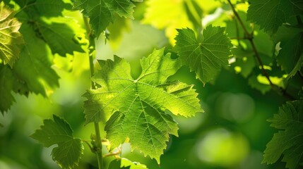 Wall Mural - Fresh fuzzy young grape leaves in the vineyard as a backdrop