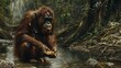 An elderly orangutan sitting serenely by a riverbank, peeling fruit, surrounded by the rich, verdant forest environment, Close up