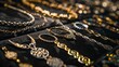 An elegant display of Celtic bracelets and necklaces, featuring intricate patterns and symbols, showcased on a luxurious black velvet, Close up