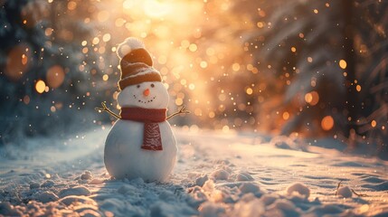 Sticker - Winter Wonderland: Snowman in Forest with Snowfall and Abstract Lights