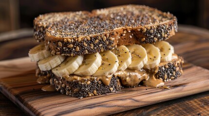 Canvas Print - Crunchy Peanut Butter Banana and Chia Seed Sandwich on Wooden Board