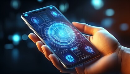 mobile phone in hand. A close-up of a smartphone held in hand displaying a glowing AI assistant interface. 