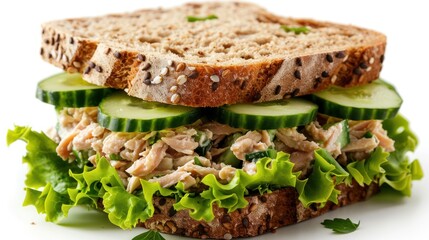 Wall Mural - Tuna Salad Sandwich with Lettuce and Cucumbers on Multigrain Bread - Isolated on White