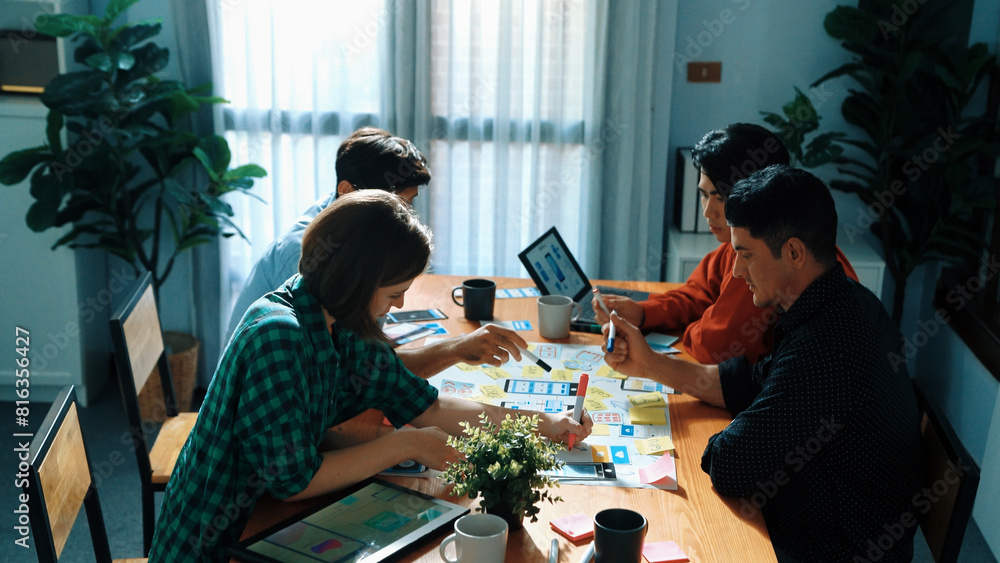 Top view of business team brainstorming idea by using mind map while ...