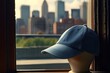 A denim cap resting on a sunlit windowsill with a view of a cityscape