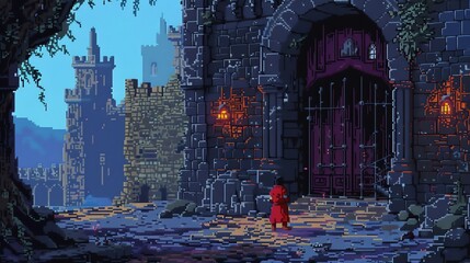 The image is a pixelated drawing of a castle gate. The gate is made of dark wood and has a metal door. The gate is flanked by two towers.