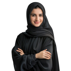 Wall Mural - Smiling beauty Arab woman in black hijab standing arms crossed, stylish modern Muslim model, isolated on transparent background