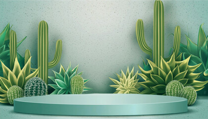 wide angle illustration with green round platform mock up, surrounded with 3D Saguaro cacti and Agave, copy space