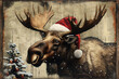 Rustic Christmas Bull Moose with Antlers And Santa Hat. 