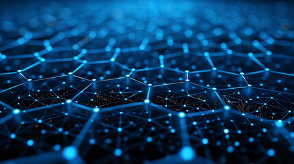 Top view of blue honeycomb shaped circuit board background with space for text