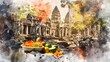 Spicy Papaya Salad meets Ancient Cambodian Ruins A Vibrant Digital Watercolor