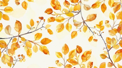 Wall Mural - autumn branch watercolor pattern seamless fall print with nature motif and yellow foliage design