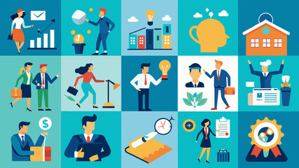 Wall Mural - Business Concept illustrations. Mega set. Collection of scenes with men and women taking part in business activities. Vector illustration