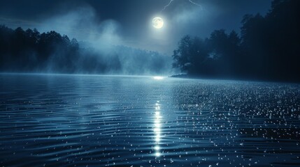 Misty lake with moonlight reflections and silhouettes of trees at night