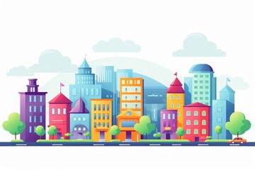 Monster city flat design front view creaturefilled metropolis theme animation analogous color scheme