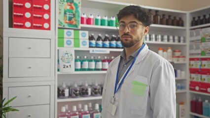 Wall Mural - A young male pharmacist with beard and glasses stands thoughtfully in a modern, well-stocked pharmacy