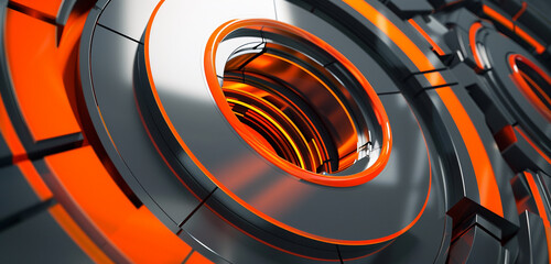 Wall Mural - Futuristic vibrance bright orange, deep gray circles create dynamic scene.