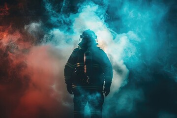 Wall Mural - Firefighter standing in smoke, back view, dark background, smoke, fire and light effects, high resolution photography