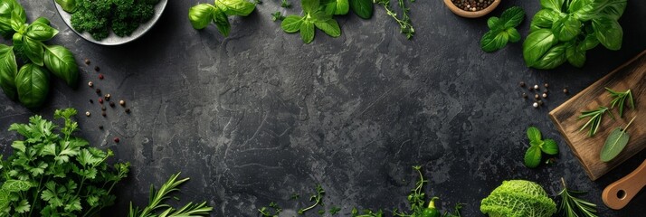 Various fresh green herbs and spices on a rustic background.