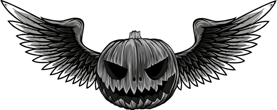 monochrome Cute cartoon Pumpkin character wearing wings in modern style design illustration