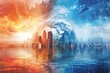 © Abid - About half of the earth is stormy and rainy, the other side is sunny city, concept on climate change, blue red orange gradient background, double exposure photography mosaic, high resolution